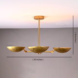 30-inch brass bowl chandelier with 18-inch height measurement displayed, showcasing hammered brass shades and adjustable frame design.