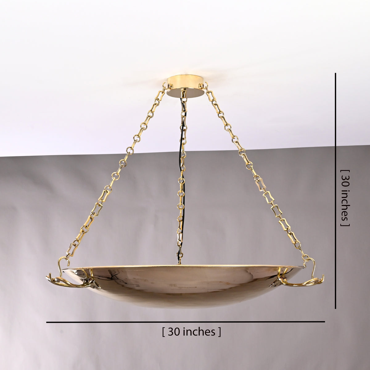 Brass bowl hanging light showing 30-inch width and 30-inch height with chain suspension