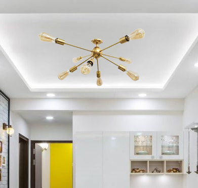 Modern Sputnik Chandelier | Custom Brass Bare Bulb Ceiling Light | Mid Century Industrial Light Fixture Handmade Lighting - 32106