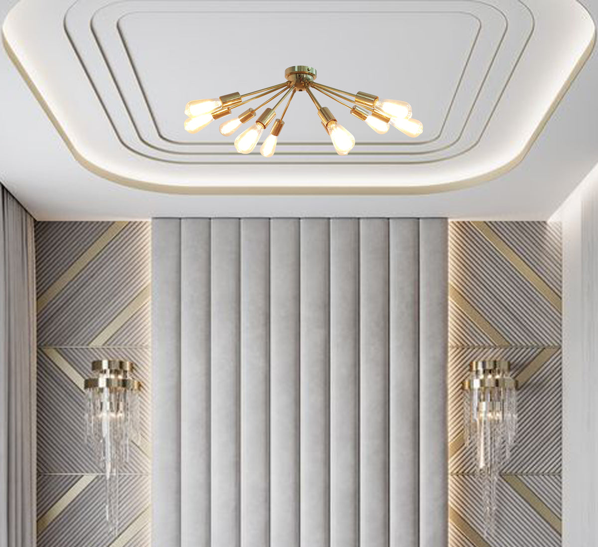 Modern Brass Flush Mount Ceiling Light - Customizable Sputnik Chandelier | Mid Century Modern Light Fixture Handmade Lighting - 32110