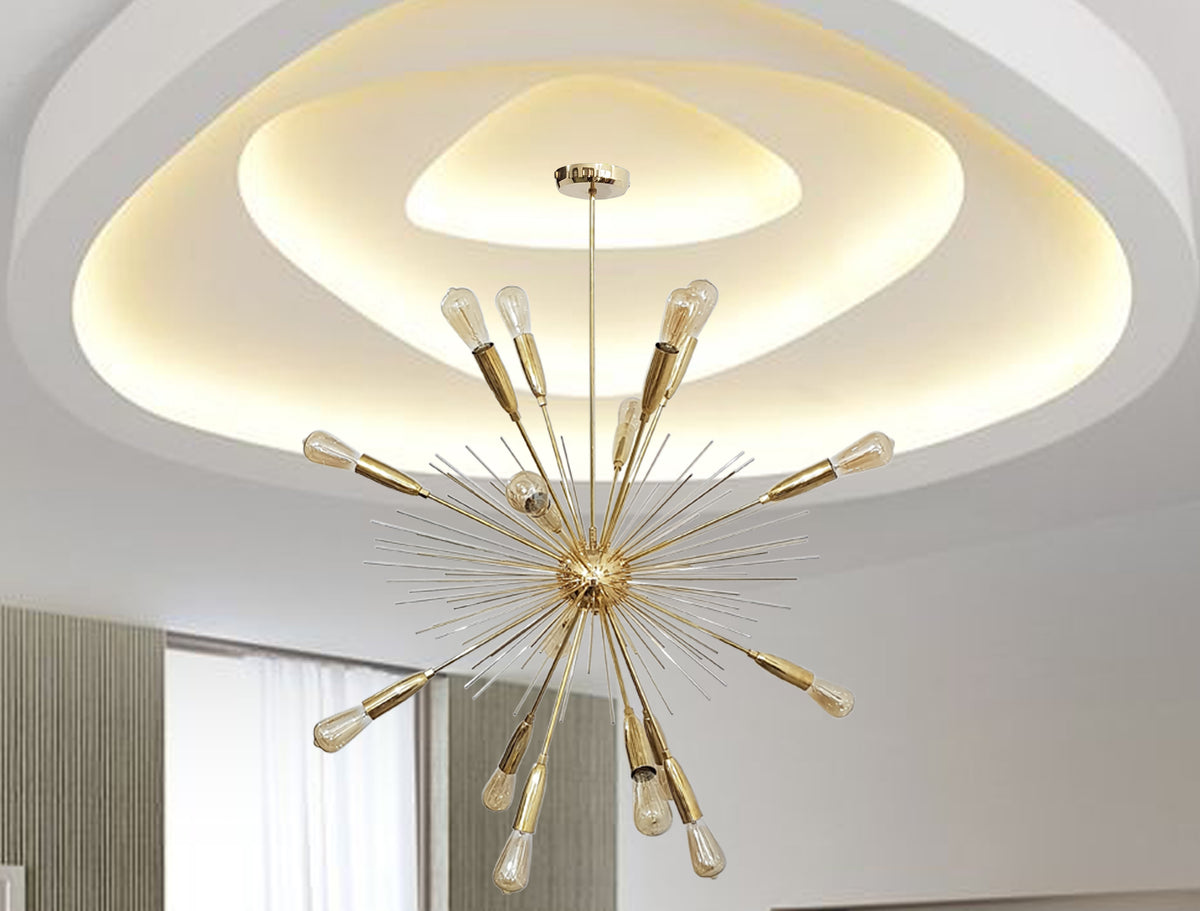 Brass Leaf Studio Shinny Brass Chandelier, Urchin Hanging Lamp, Starburst Chandelier Made of Full Brass 16 Lights