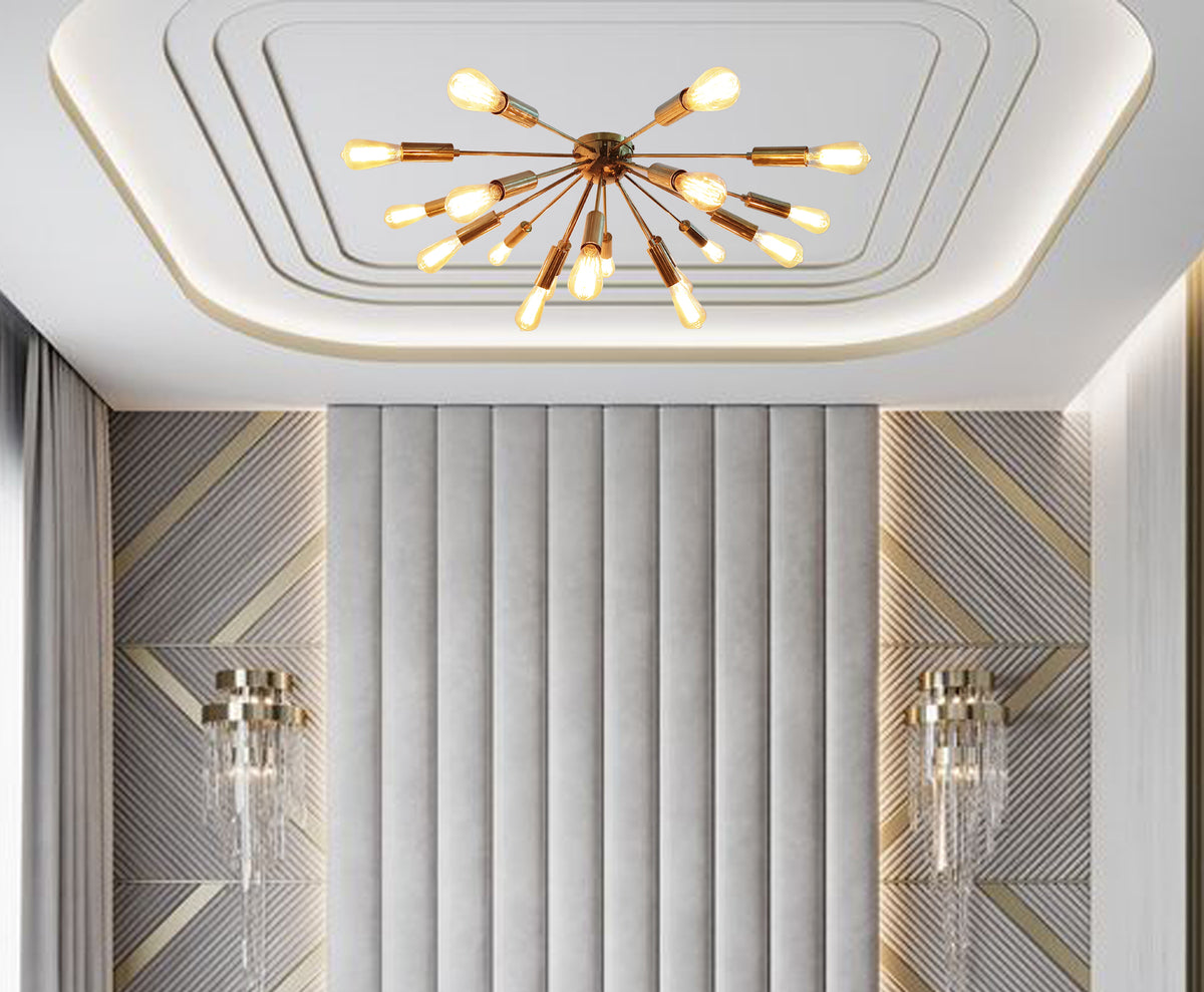 Mid-Century Modern Sputnik Flush Mount Ceiling Light – Customizable Brass or Copper Chandelier - 32120