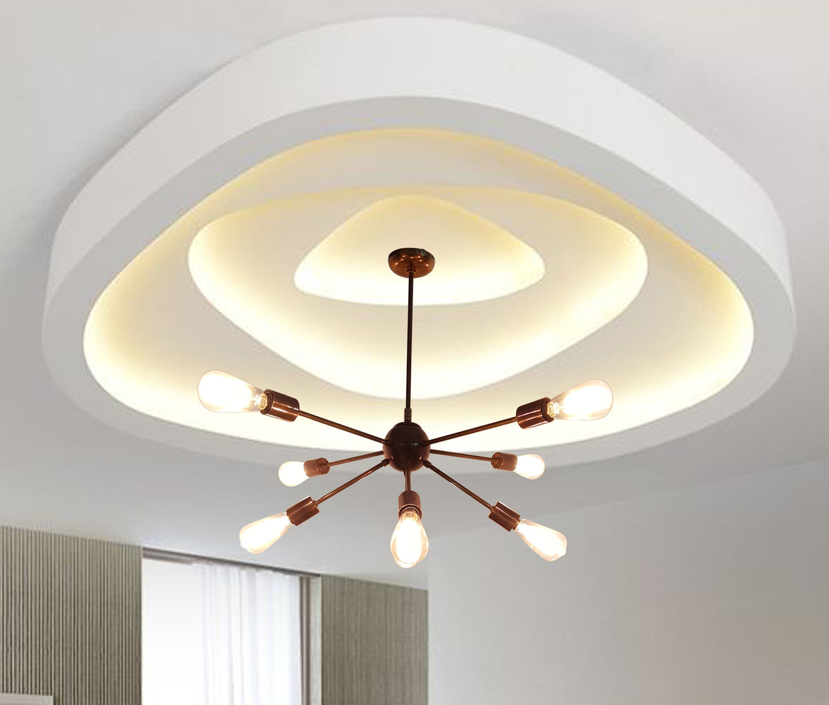 Customizable Bare Bulb Sputnik Chandelier – Industrial Mid-Century Modern Brass or Copper Pendant Light - 32129