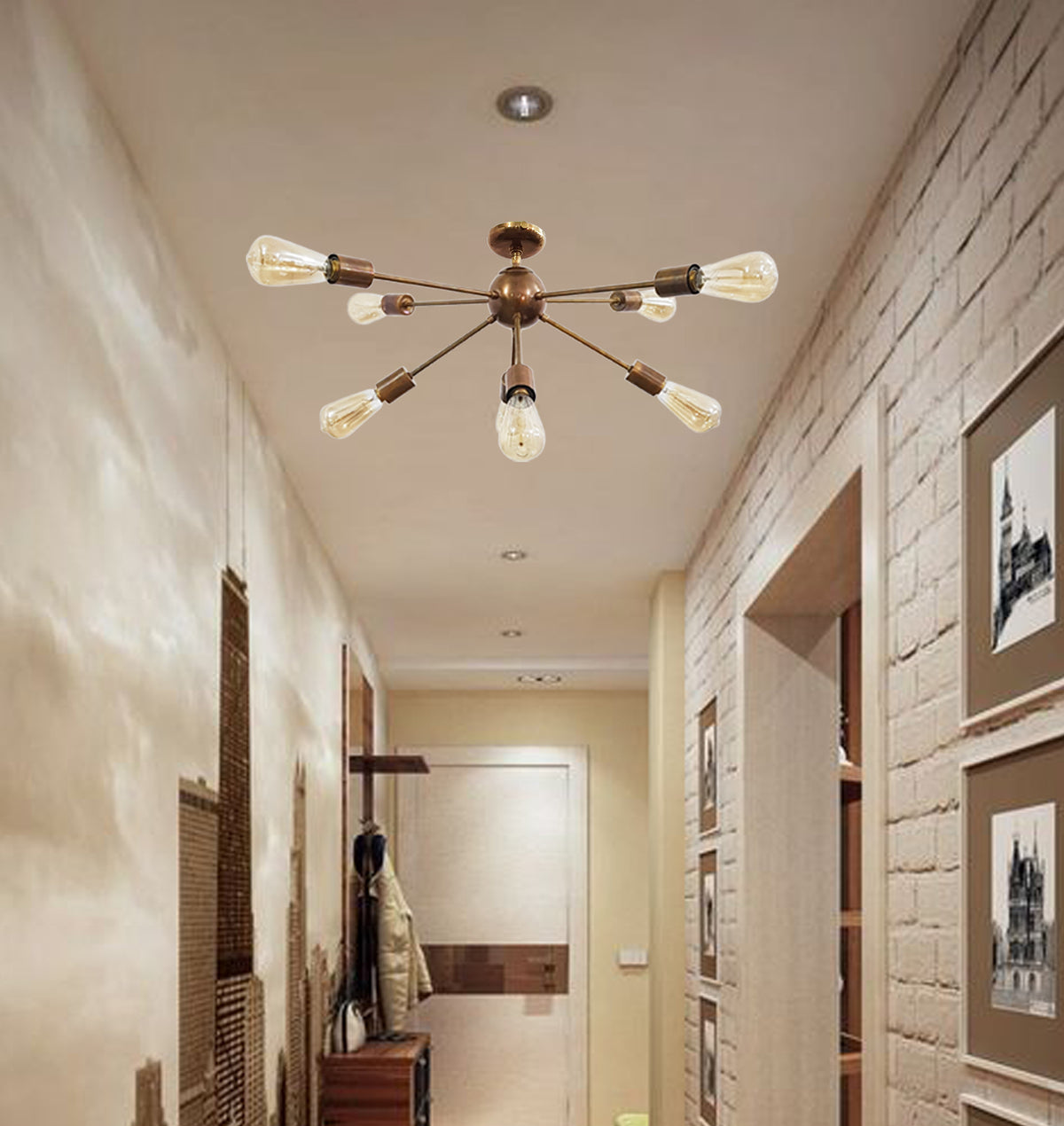 Industrial Sputnik Chandelier | Custom Brass Ceiling Light | Mid Century Modern Light Fixture Handmade Lighting | Steampunk Style Lamp - 32130