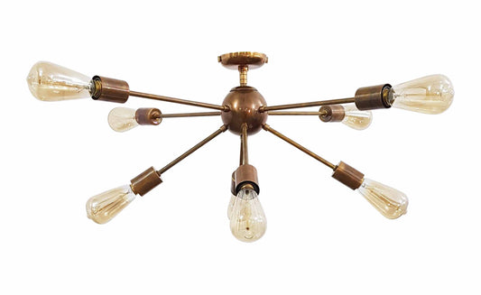Sputnik Chandelier Brass Patina Finish, Pendant Hanging Brass Lamp, Mid Century Ceiling Light 8 Lights Made of Full Brass
