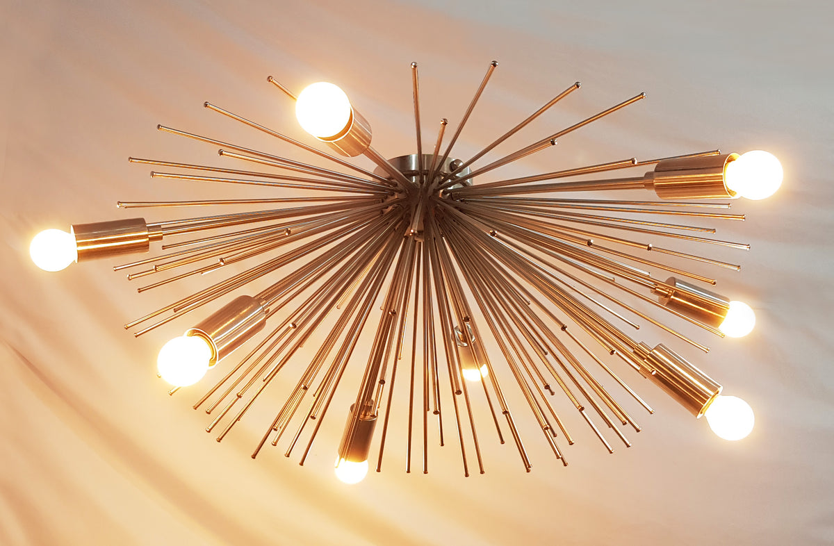 Modern Brushed Nickel Sputnik Chandelier – Customizable Bare Bulb Starburst Ceiling Light Fixture - 32135