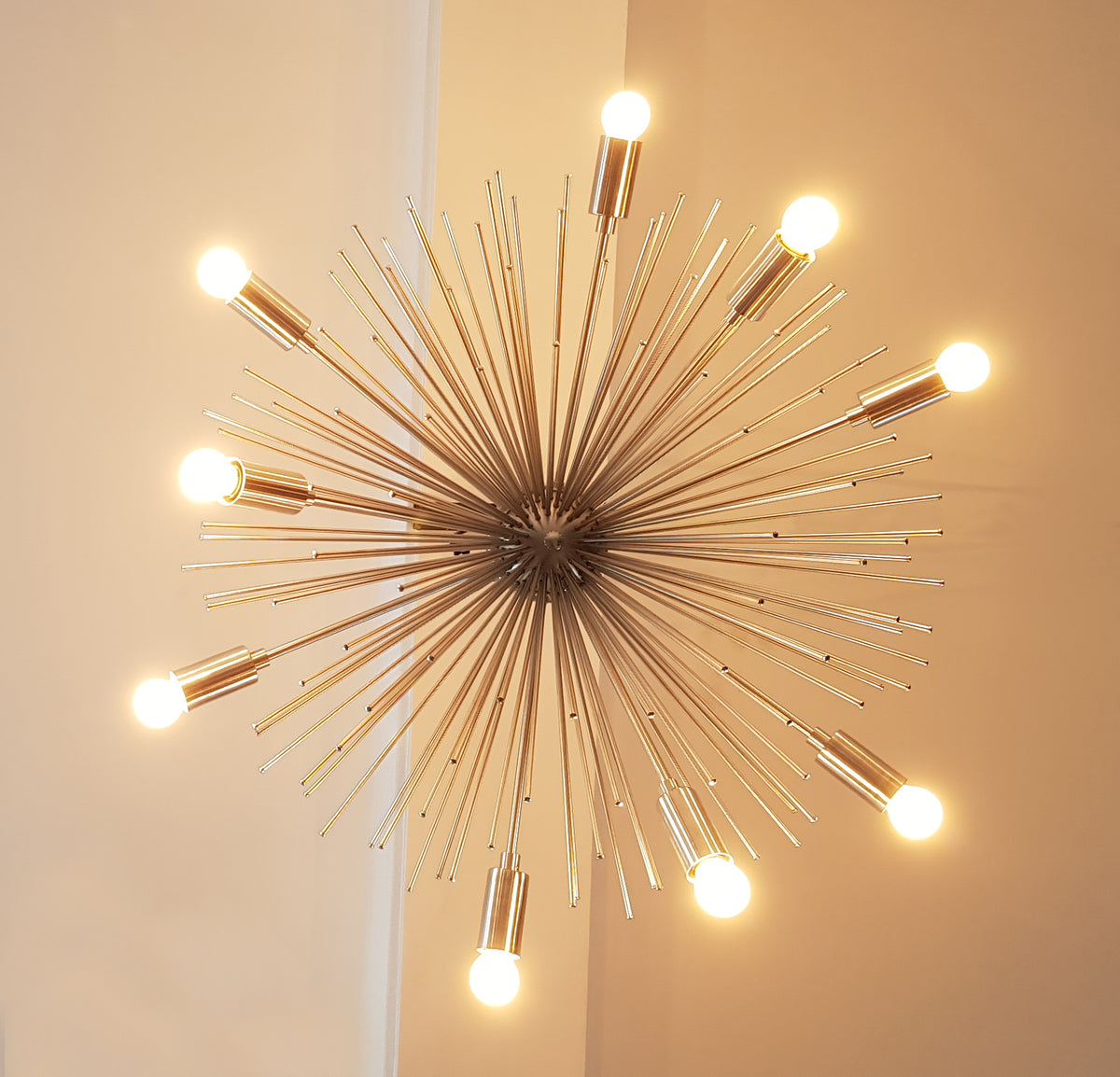 Modern Brushed Nickel Sputnik Chandelier – Customizable Bare Bulb Starburst Ceiling Light Fixture - 32135