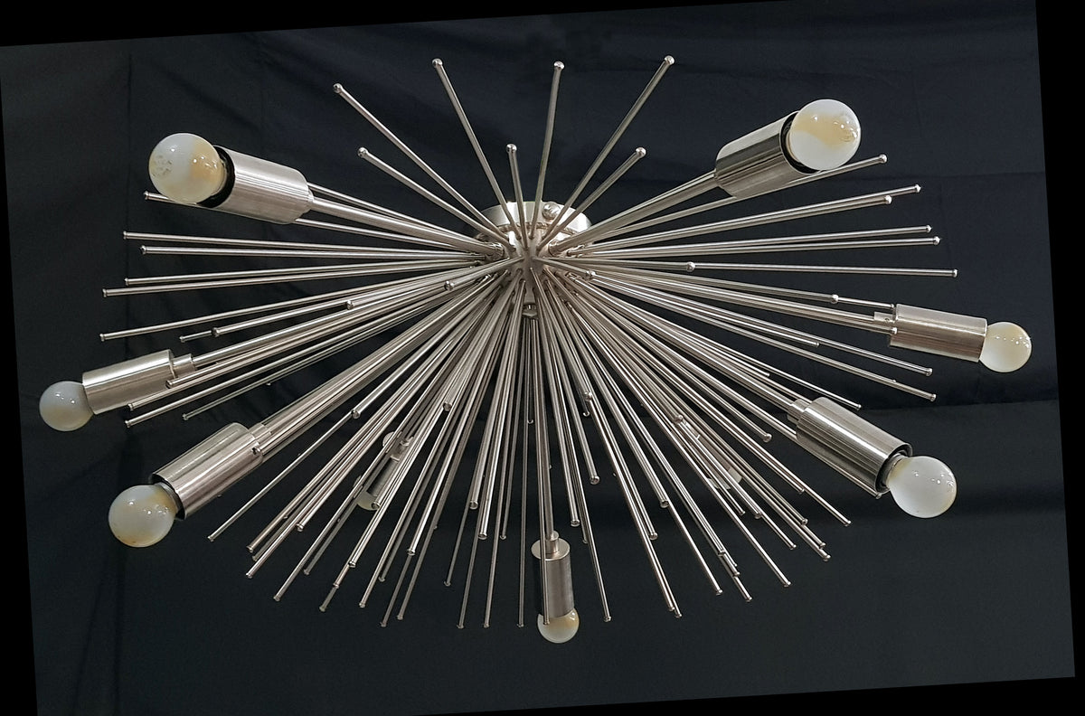 Modern Brushed Nickel Sputnik Chandelier – Customizable Bare Bulb Starburst Ceiling Light Fixture - 32135