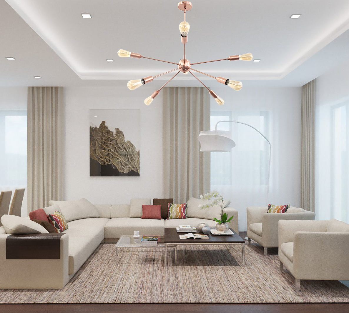 Minimalist Copper Sputnik Chandelier – Industrial Mid-Century Bare Bulb Pendant Light Fixture - 32138