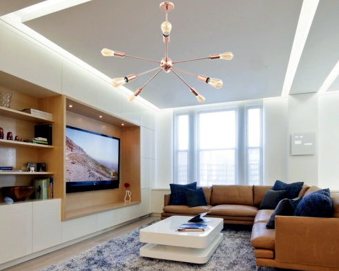 Minimalist Copper Sputnik Chandelier – Industrial Mid-Century Bare Bulb Pendant Light Fixture - 32138