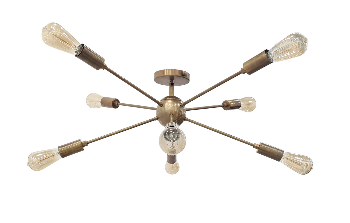 Industrial Mid-Century Modern Sputnik Chandelier – 8-Light Bare Bulb Brass Starburst Pendant Ceiling Fixture - 32142