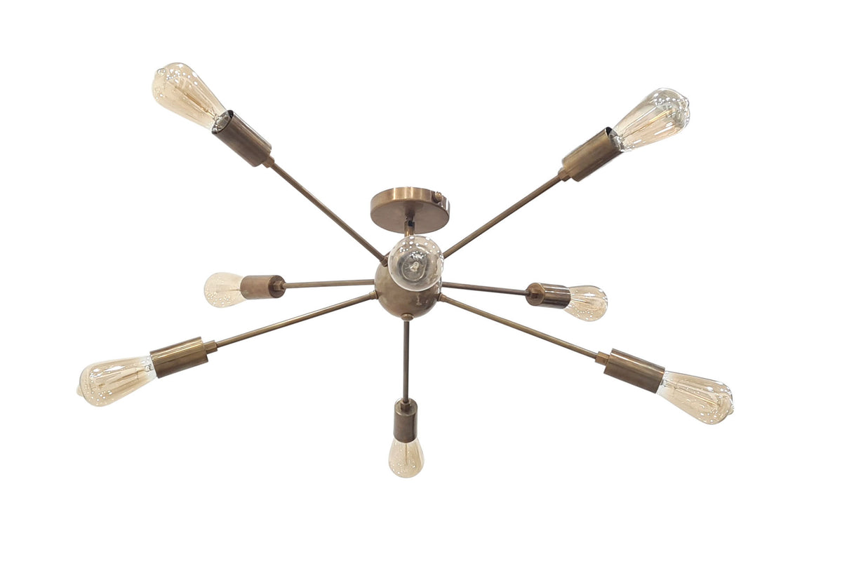 Industrial Mid-Century Modern Sputnik Chandelier – 8-Light Bare Bulb Brass Starburst Pendant Ceiling Fixture - 32142