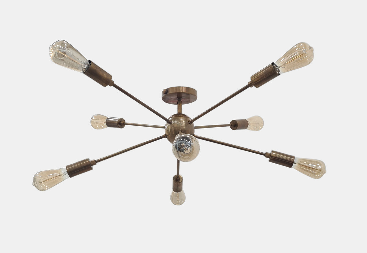 Industrial Mid-Century Modern Sputnik Chandelier – 8-Light Bare Bulb Brass Starburst Pendant Ceiling Fixture - 32142
