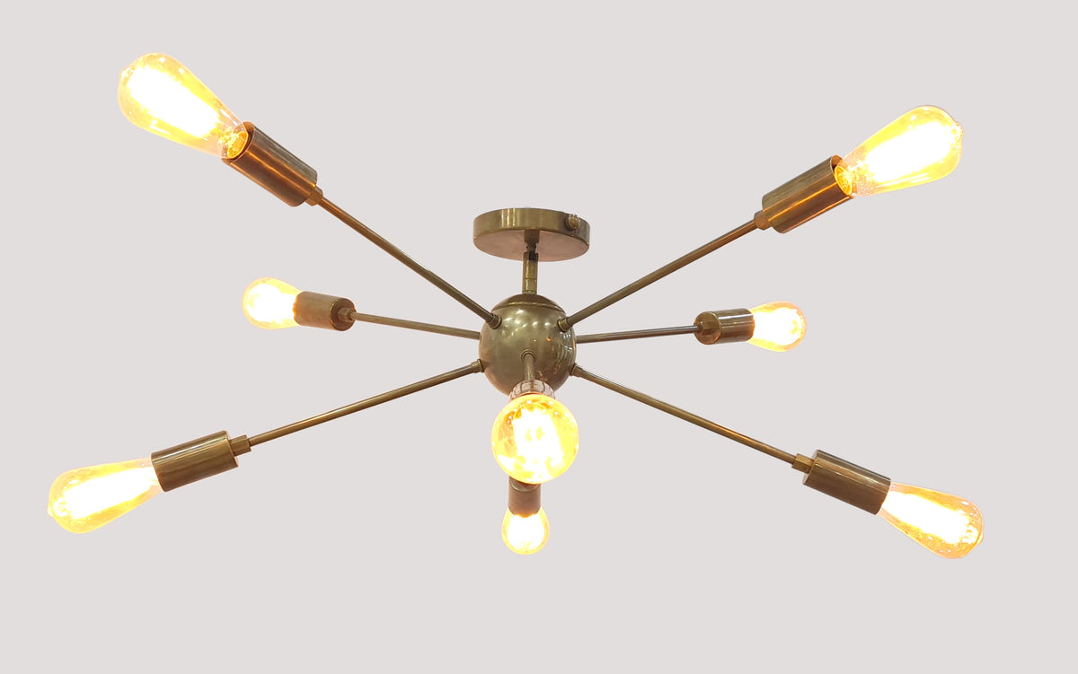 Industrial Mid-Century Modern Sputnik Chandelier – 8-Light Bare Bulb Brass Starburst Pendant Ceiling Fixture - 32142