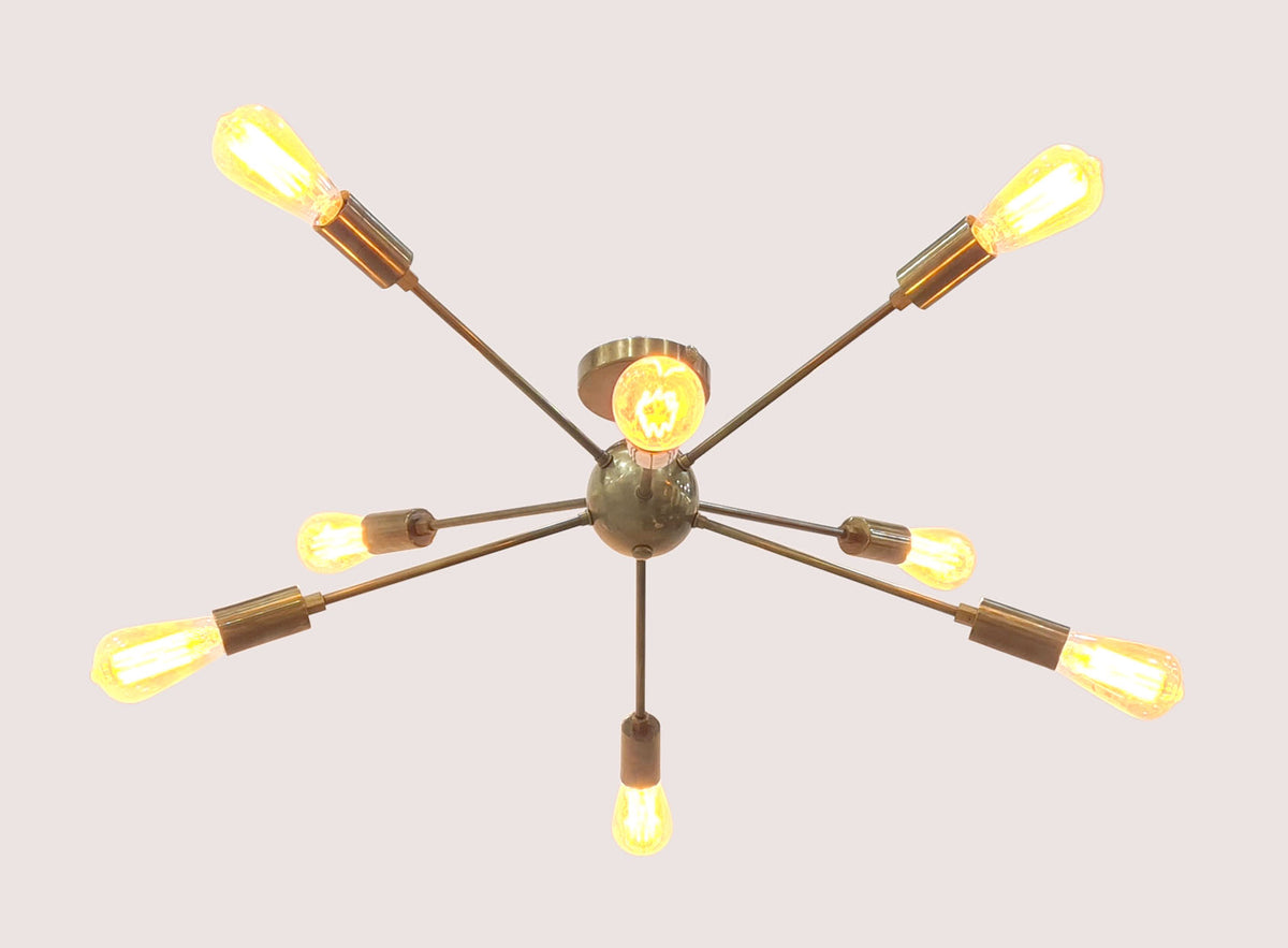 Industrial Mid-Century Modern Sputnik Chandelier – 8-Light Bare Bulb Brass Starburst Pendant Ceiling Fixture - 32142