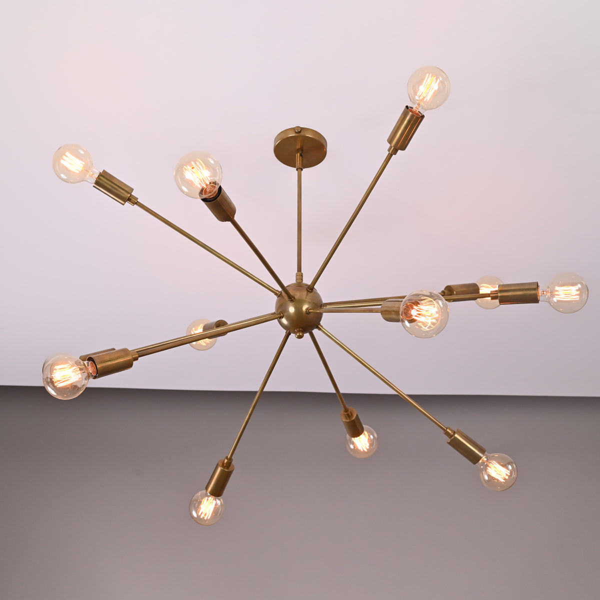 Customizable 12-Light Brass Sputnik Chandelier – Industrial Mid-Century Modern Bare Bulb Starburst Pendant Light - 32143