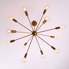Customizable 12-Light Brass Sputnik Chandelier – Industrial Mid-Century Modern Bare Bulb Starburst Pendant Light - 32143