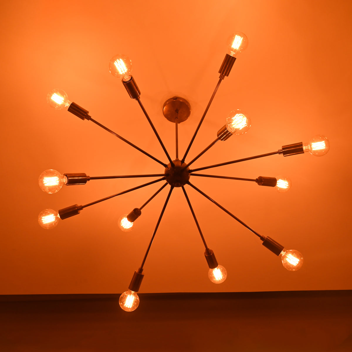Customizable 12-Light Brass Sputnik Chandelier – Industrial Mid-Century Modern Bare Bulb Starburst Pendant Light - 32143