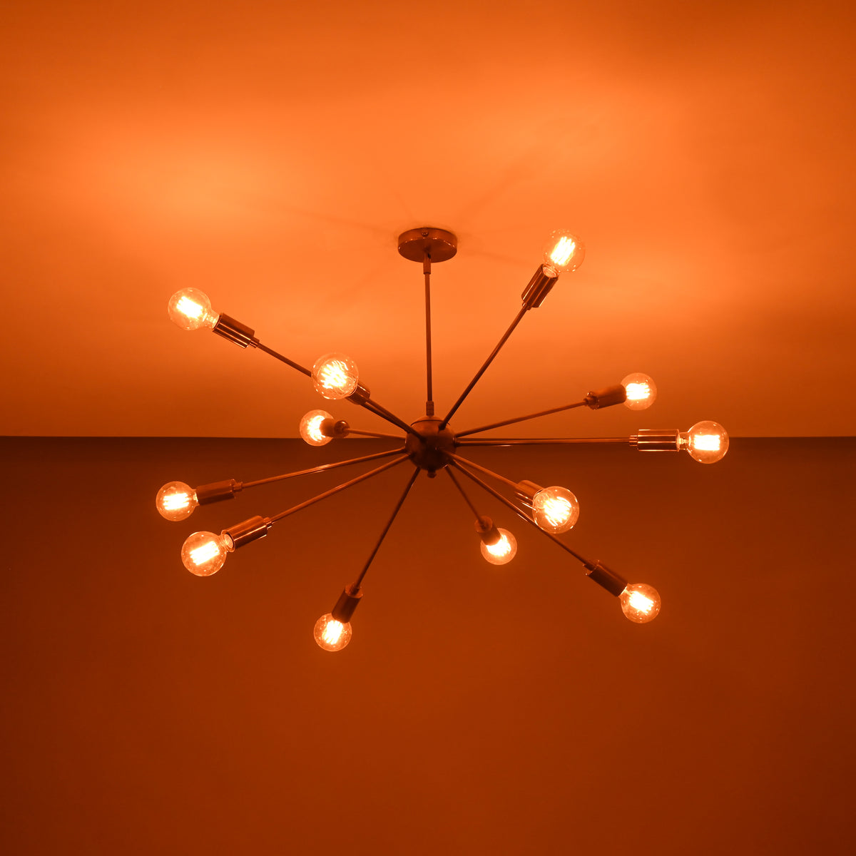 Customizable 12-Light Brass Sputnik Chandelier – Industrial Mid-Century Modern Bare Bulb Starburst Pendant Light - 32143