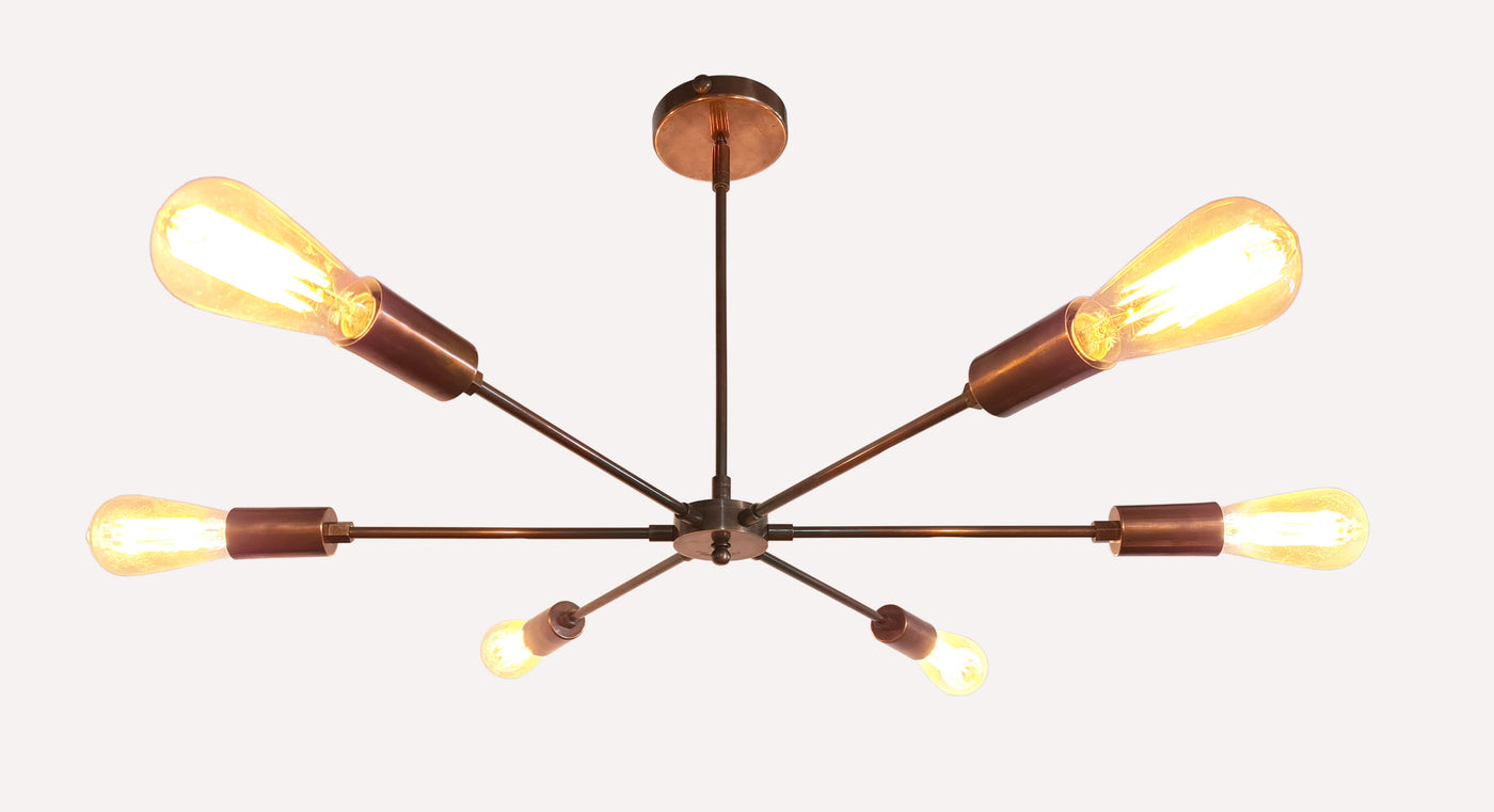 Minimalist 8-Light Copper Sputnik Chandelier – Mid-Century Modern Industrial Pendant Ceiling Fixture with Exposed Bulbs - 32144