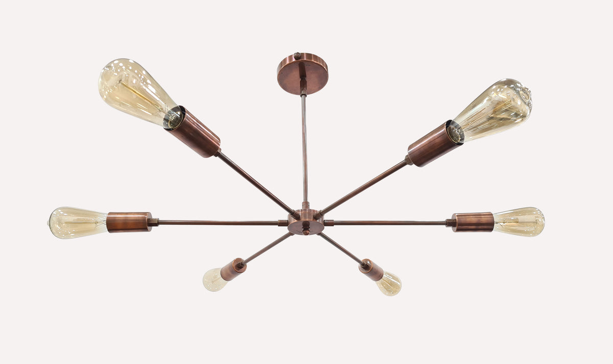 Minimalist 8-Light Copper Sputnik Chandelier – Mid-Century Modern Industrial Pendant Ceiling Fixture with Exposed Bulbs - 32144