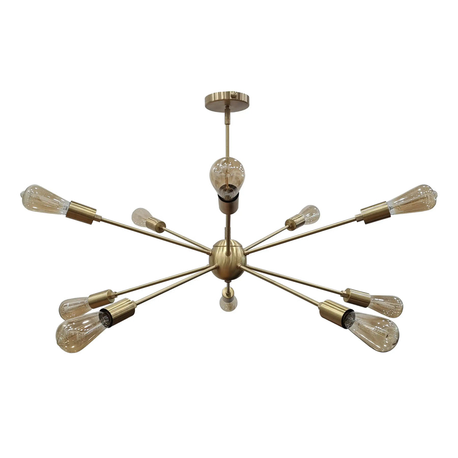 12-Light Gold Sputnik Chandelier – Mid-Century Modern Bare Bulb Starburst Pendant Light Fixture - 32150