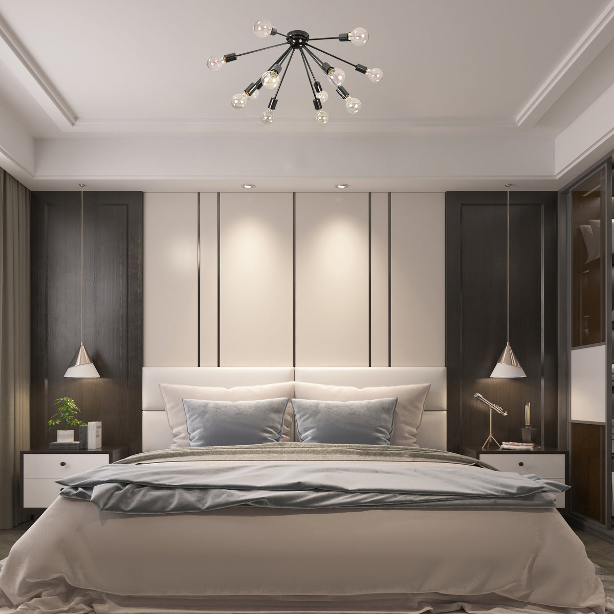 Industrial 12-Light Black Sputnik Chandelier – Mid-Century Pendant Fixture with Exposed Bulbs - 32154