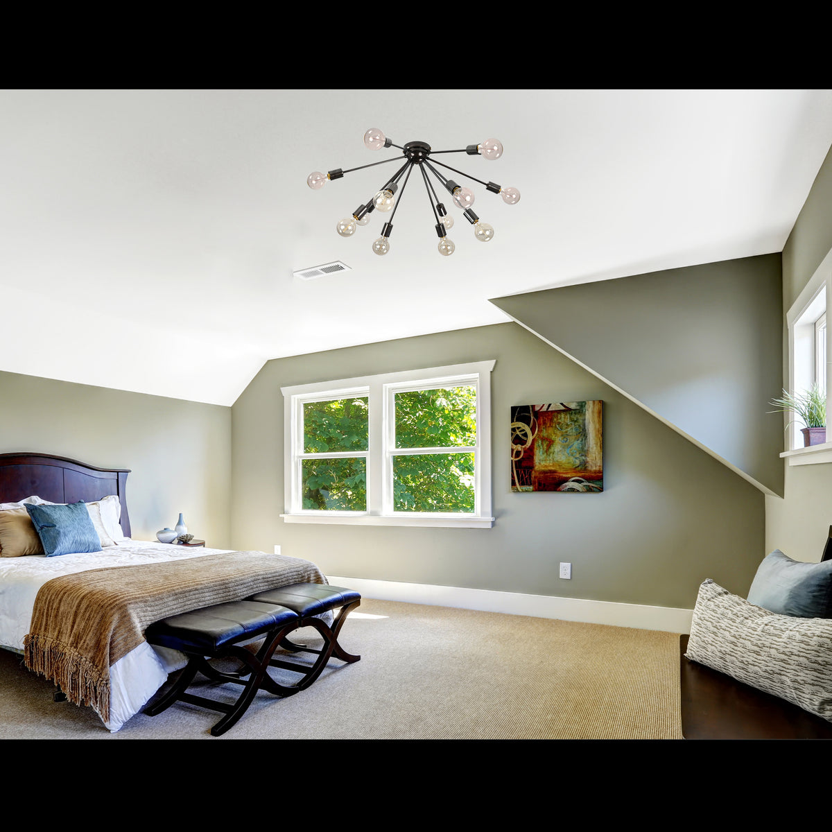 Industrial 12-Light Black Sputnik Chandelier – Mid-Century Pendant Fixture with Exposed Bulbs - 32154