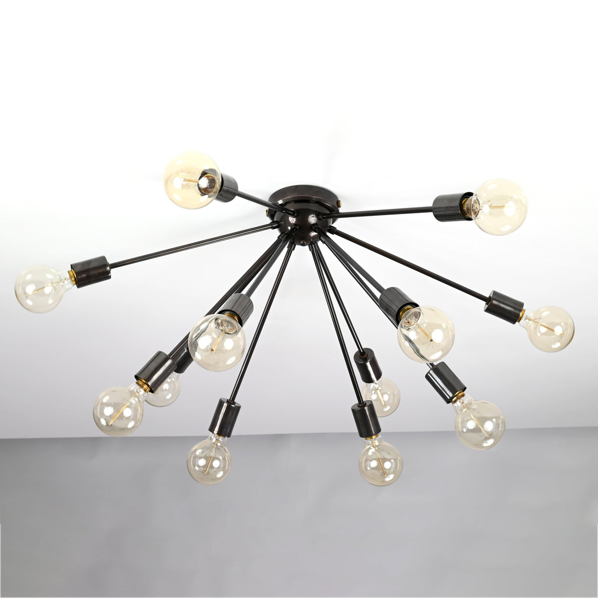 Industrial 12-Light Black Sputnik Chandelier – Mid-Century Pendant Fixture with Exposed Bulbs - 32154