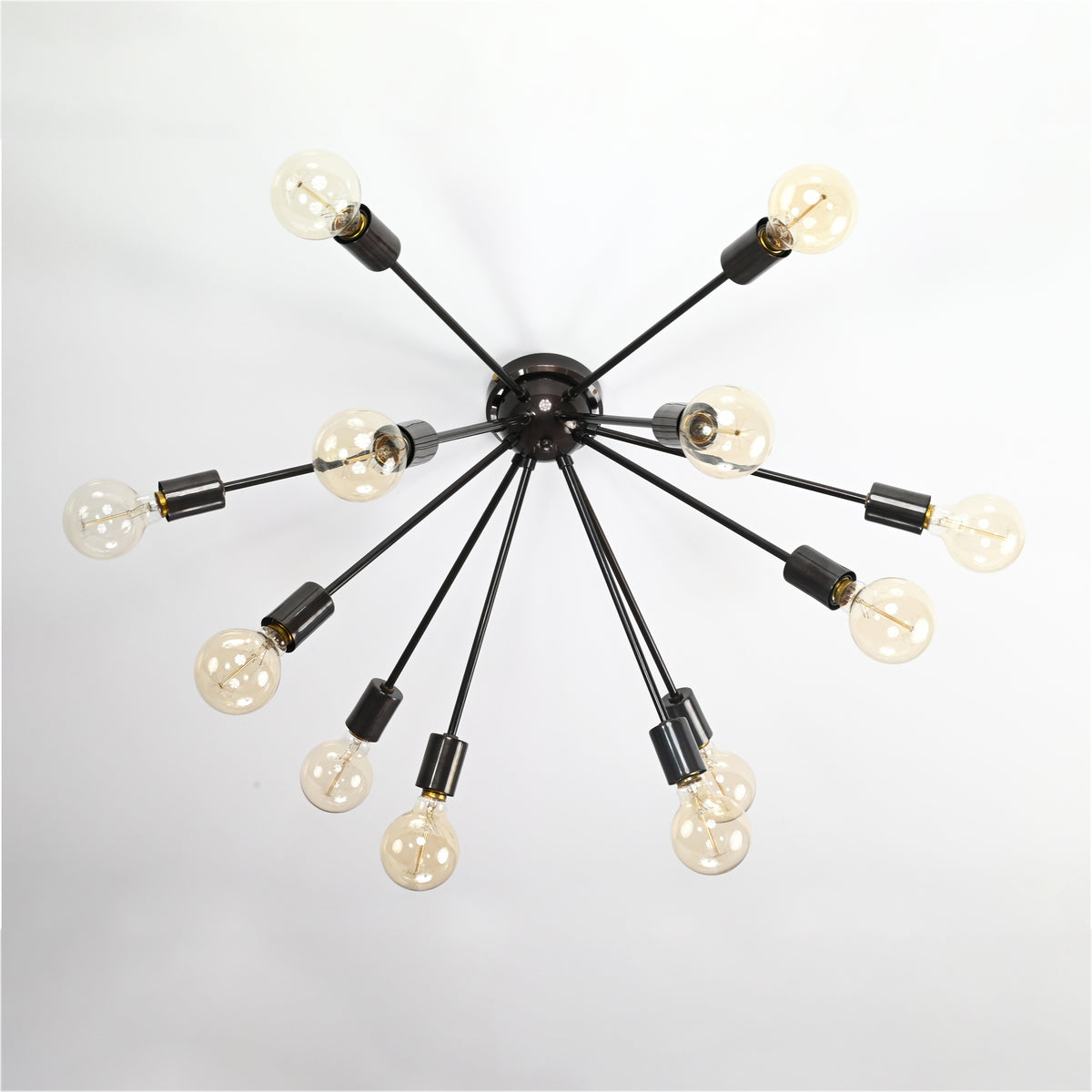 Industrial 12-Light Black Sputnik Chandelier – Mid-Century Pendant Fixture with Exposed Bulbs - 32154