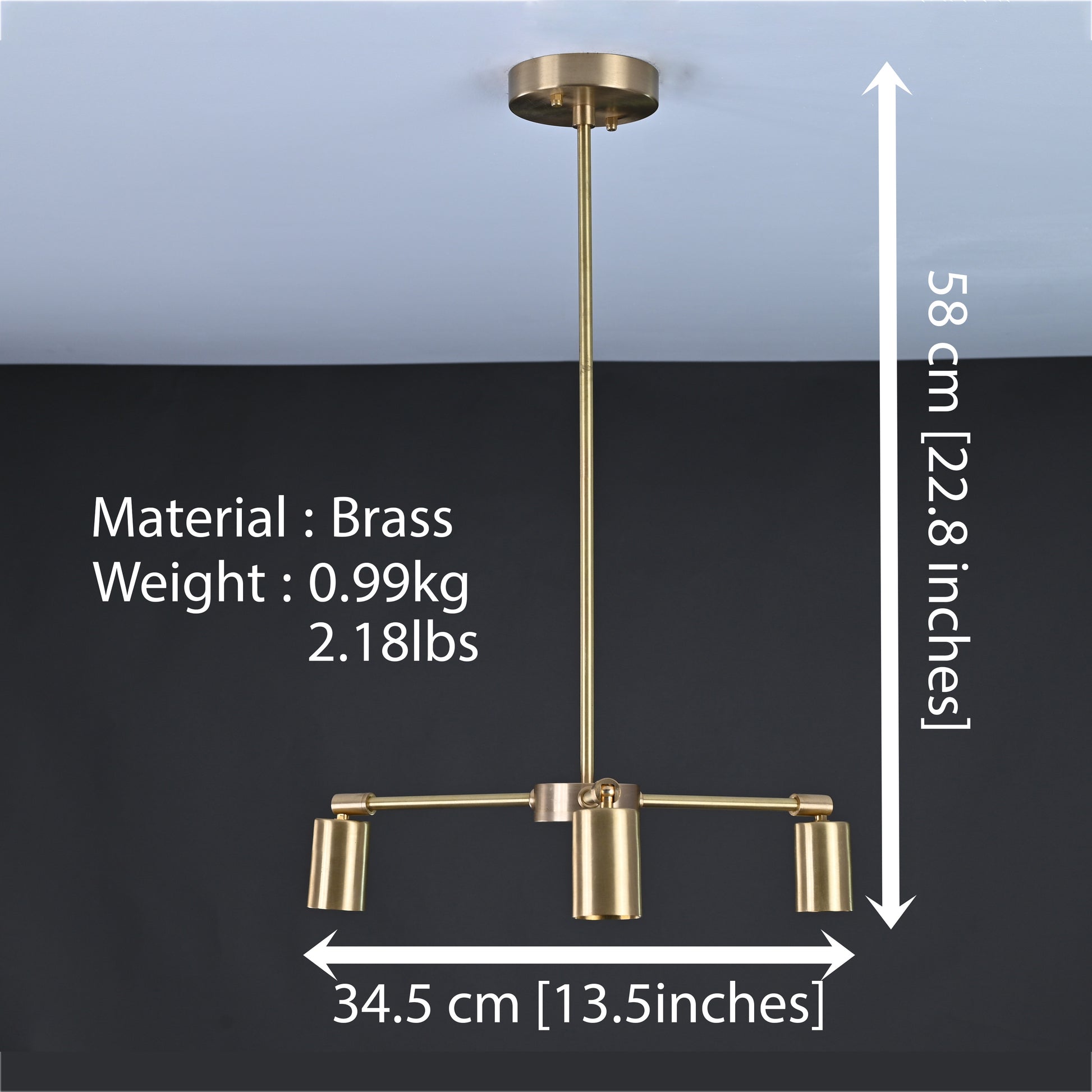 3 Arms Brass Pendant Light 13" Wide- 32173