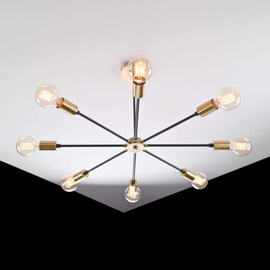 Modern 8-Light Black & Brass Chandelier – Symmetrical Sputnik Ceiling Fixture with Exposed Bulbs - 32199