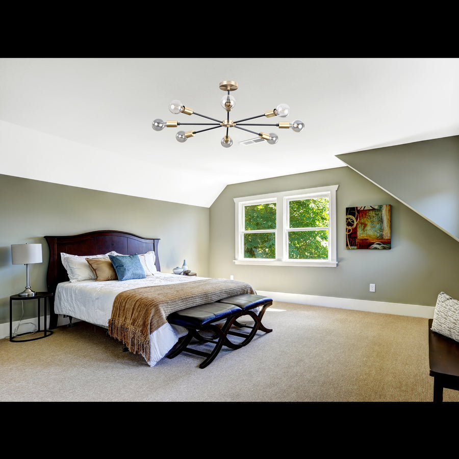 Modern 8-Light Black & Brass Chandelier – Symmetrical Sputnik Ceiling Fixture with Exposed Bulbs - 32199