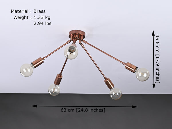 5 Arms Brass Flush Mount Chandelier 25" Wide - 32210