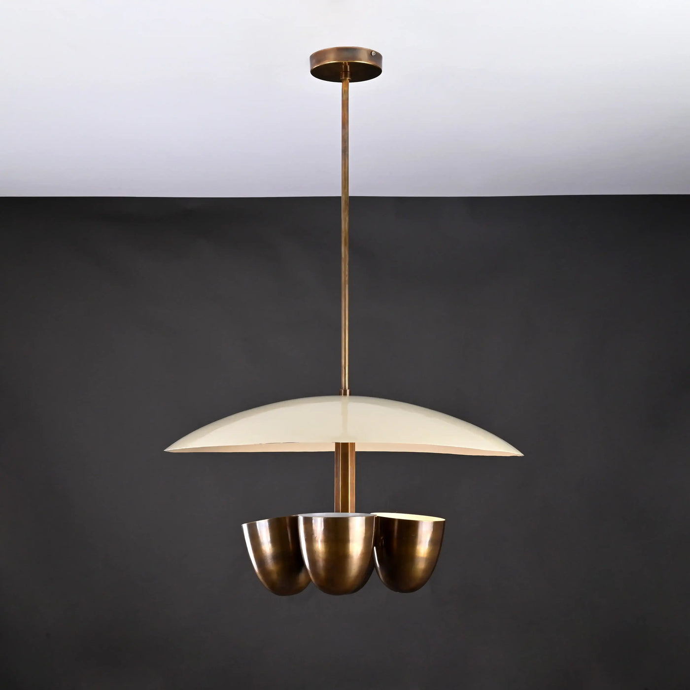 Mid-Century 5-Light Brass Chandelier – Saucer Disc Shade with Sculptural Cup Holders - 32224