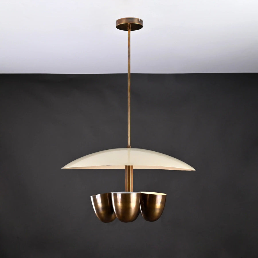 Mid-Century 5-Light Brass Chandelier – Saucer Disc Shade with Sculptural Cup Holders - 32224