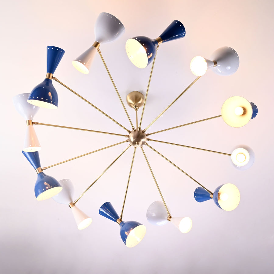 Mid-Century Modern Diabolo Chandelier – 12 Arm, 24 Light Two-Way Ceiling Light | Customizable Brass, Copper, and Color Finish - 32230