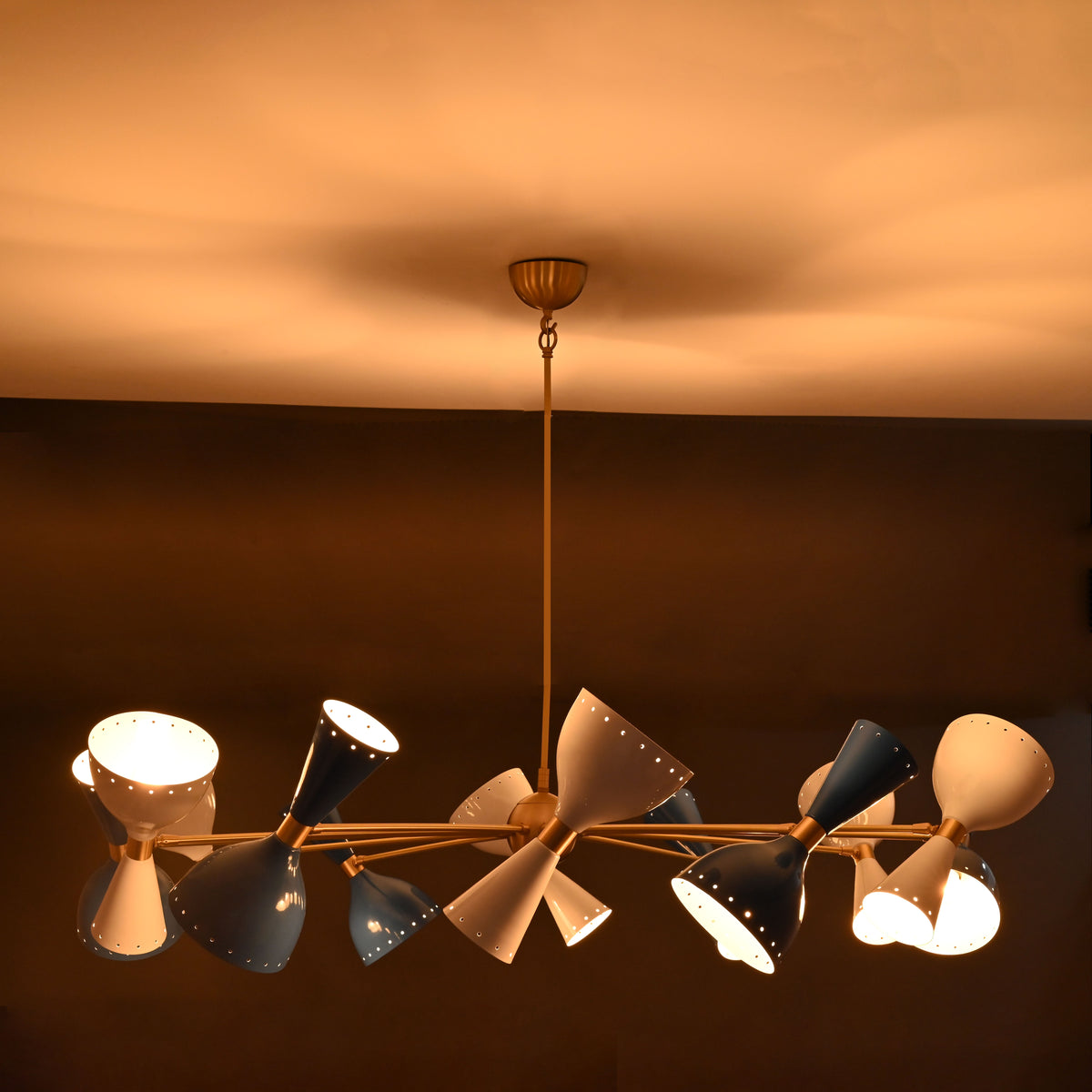 Mid-Century Modern Diabolo Chandelier – 12 Arm, 24 Light Two-Way Ceiling Light | Customizable Brass, Copper, and Color Finish - 32230