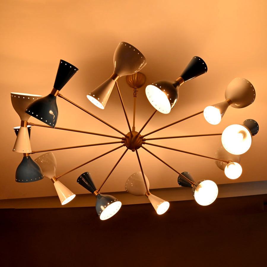 Mid-Century Modern Diabolo Chandelier – 12 Arm, 24 Light Two-Way Ceiling Light | Customizable Brass, Copper, and Color Finish - 32230