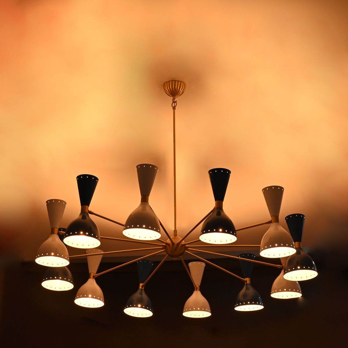 Mid-Century Modern Diabolo Chandelier – 12 Arm, 24 Light Two-Way Ceiling Light | Customizable Brass, Copper, and Color Finish - 32230
