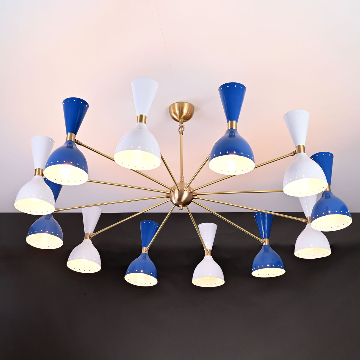 Mid-Century Modern Diabolo Chandelier – 12 Arm, 24 Light Two-Way Ceiling Light | Customizable Brass, Copper, and Color Finish - 32230