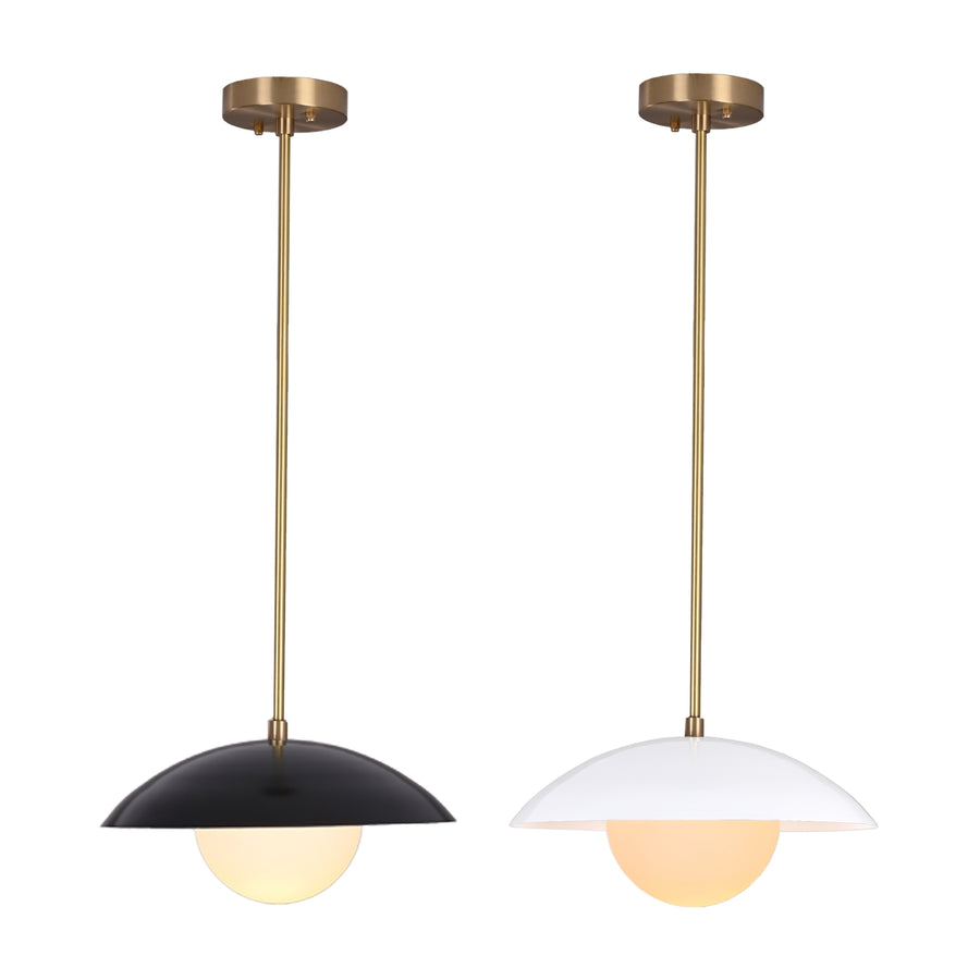Milan Disc pendant installed above a round dining table, creating warm ambient light in a modern dining room.