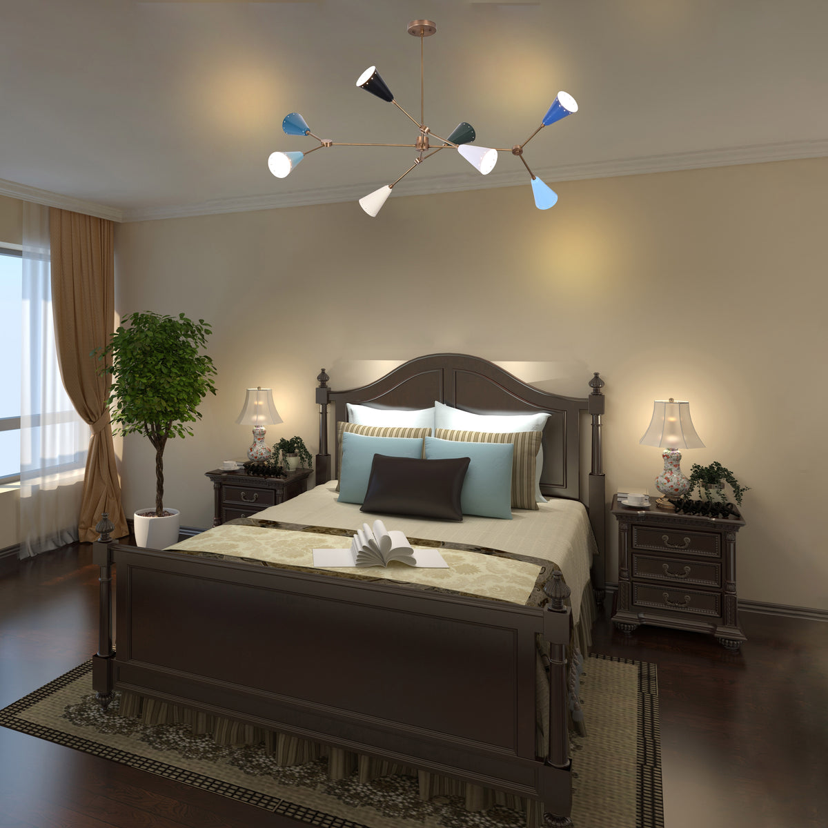 Diabolo 8-Light Chandelier | Customizable | Mid-Century Modern Brass Frame with Painted Shades - 32294