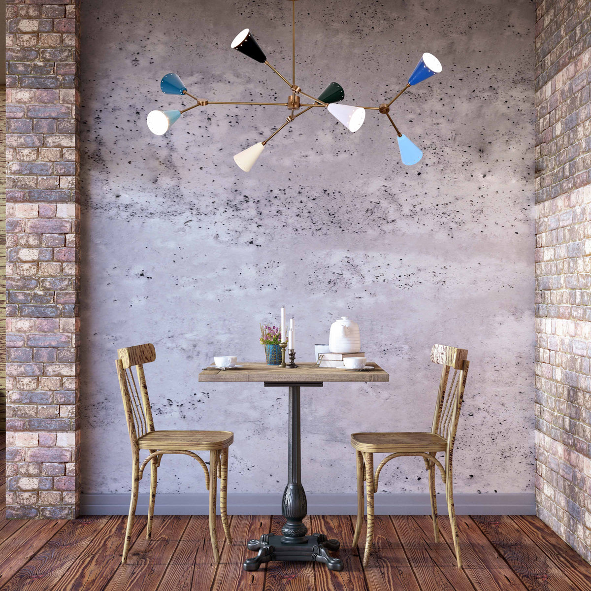 Diabolo 8-Light Chandelier | Customizable | Mid-Century Modern Brass Frame with Painted Shades - 32294