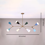 Diabolo 8-Light Chandelier | Customizable | Mid-Century Modern Brass Frame with Painted Shades - 32294