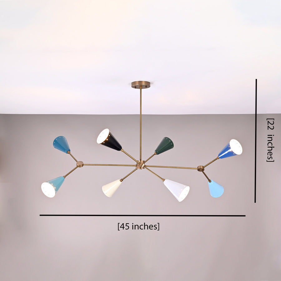 Diabolo 8-Light Chandelier | Customizable | Mid-Century Modern Brass Frame with Painted Shades - 32294