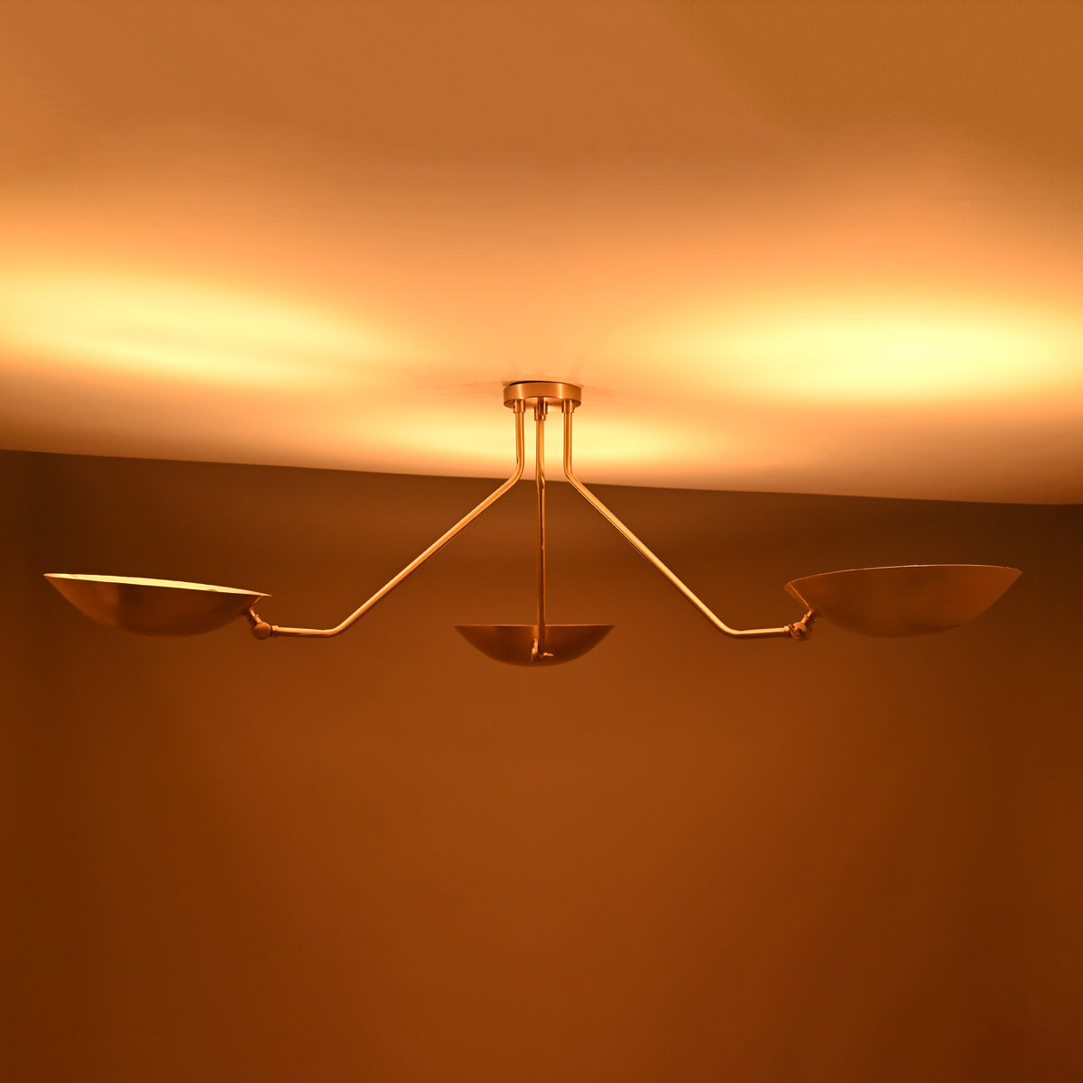 Industrial Brass Made, 3 Arm Elegant Brass Semi Ceiling Flush Light Pendant Mid Century Chandelier Flush Mount Ceiling Light No Shadow Ambient no-Glare Lamp