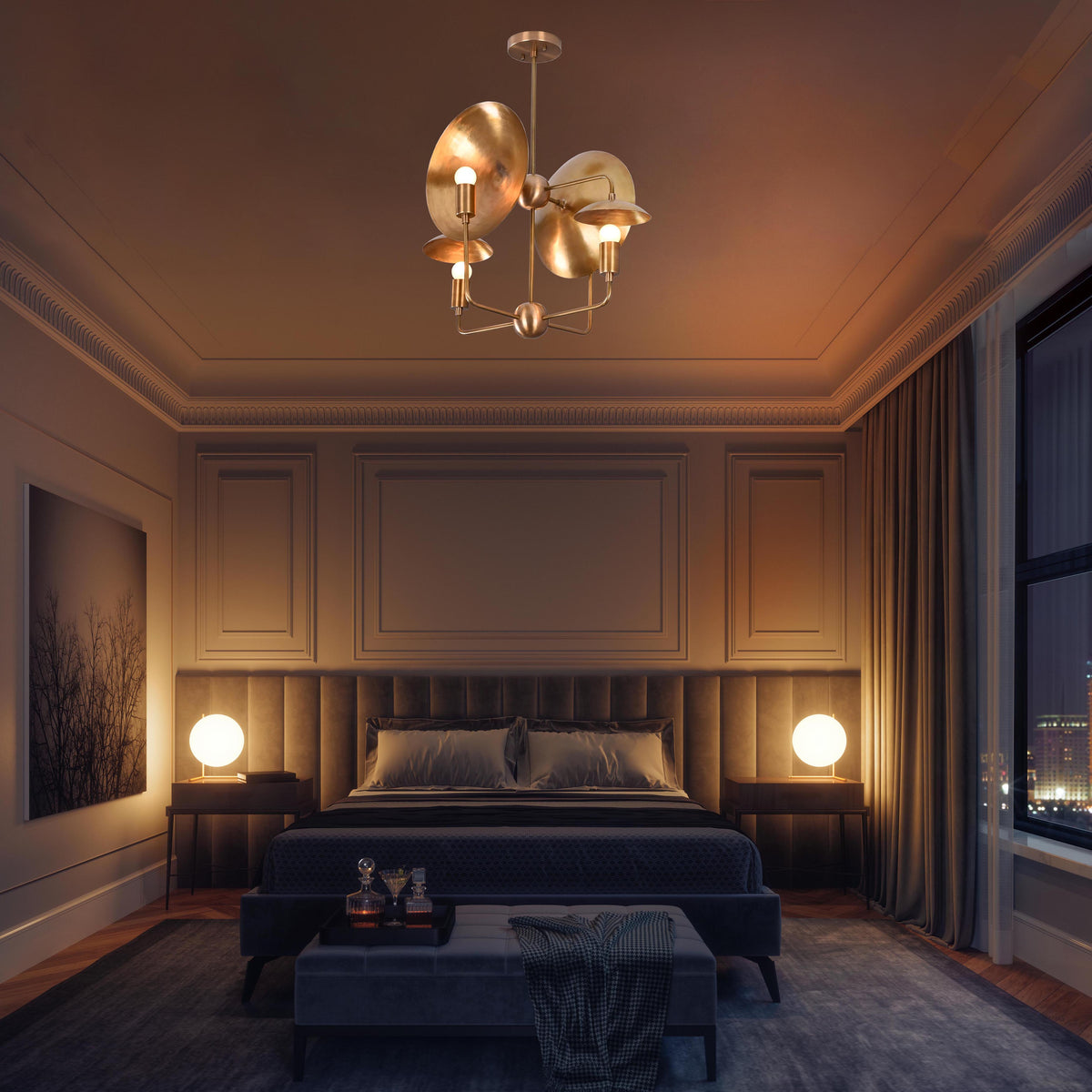 8-Light Full Brass Geometric Chandelier – Custom Modern Ceiling Pendant with Sculptural Bowl Shades |  - 32313