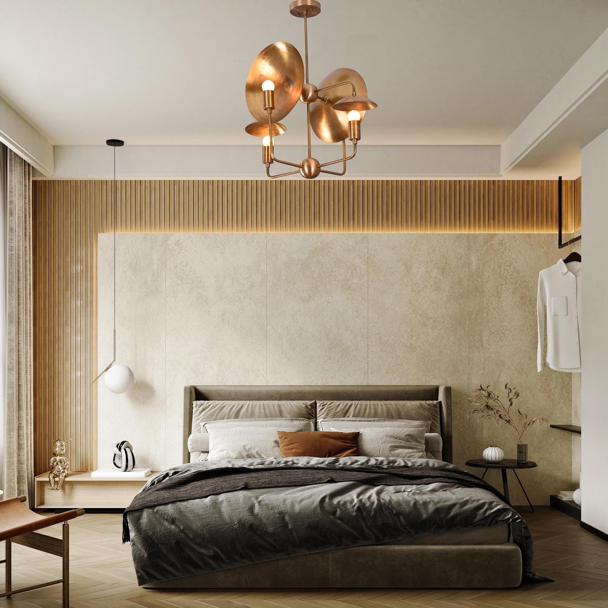 8-Light Full Brass Geometric Chandelier – Custom Modern Ceiling Pendant with Sculptural Bowl Shades |  - 32313