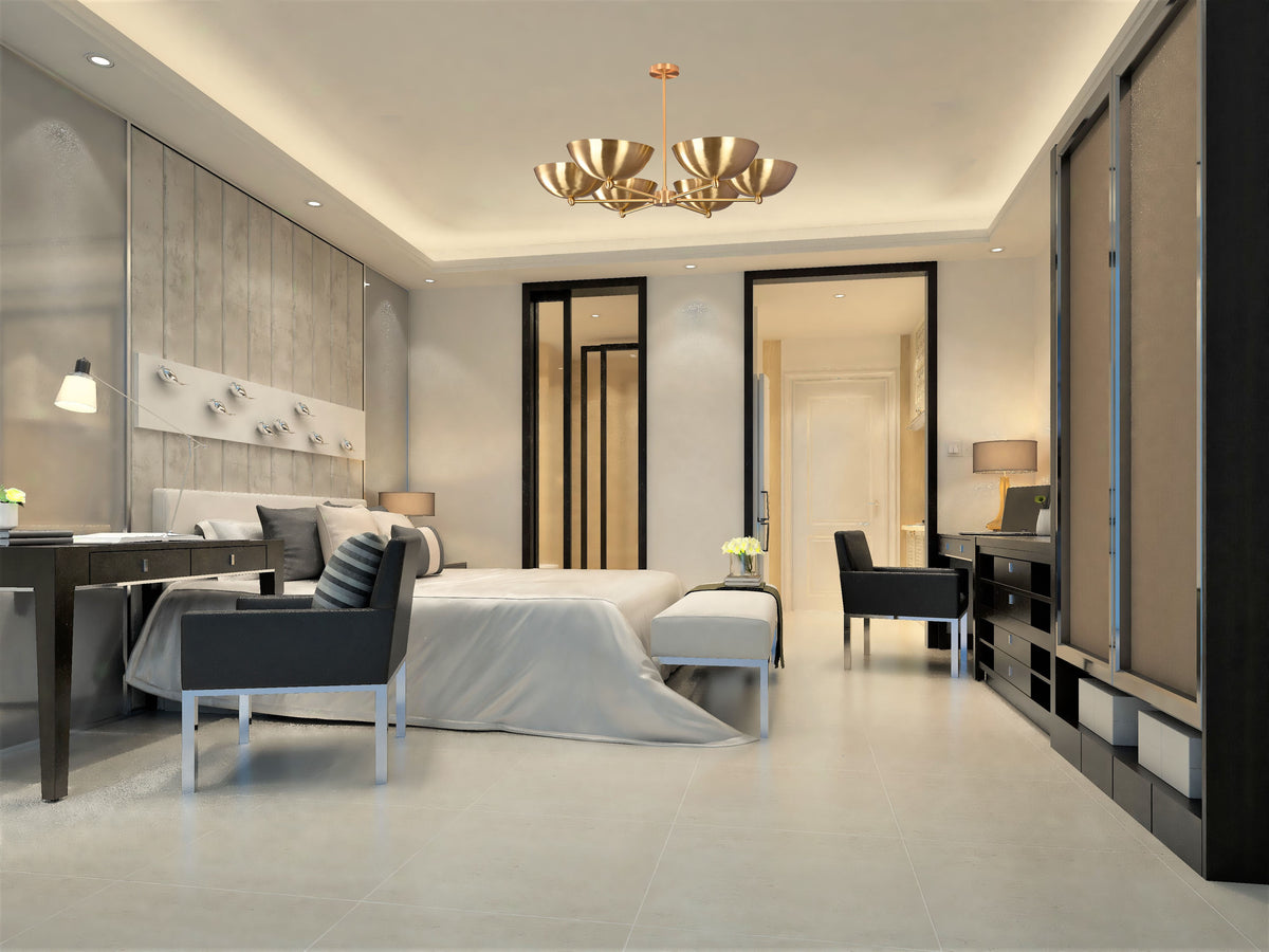 Modern Brass Chandelier | 6-Light Custom Ceiling Light Fixture Natural Brass, Copper or Painted Finish | Adjustable Size | Handmade Lighting - 32323